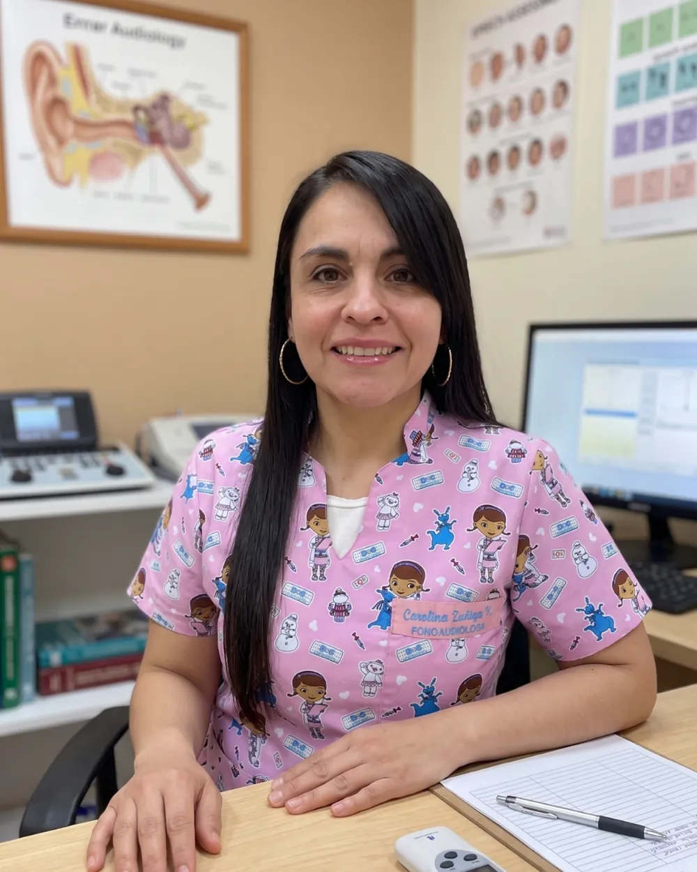 Carolina Zúñiga en su consultorio, junto al audiómetro y las láminas de anatomía del oído